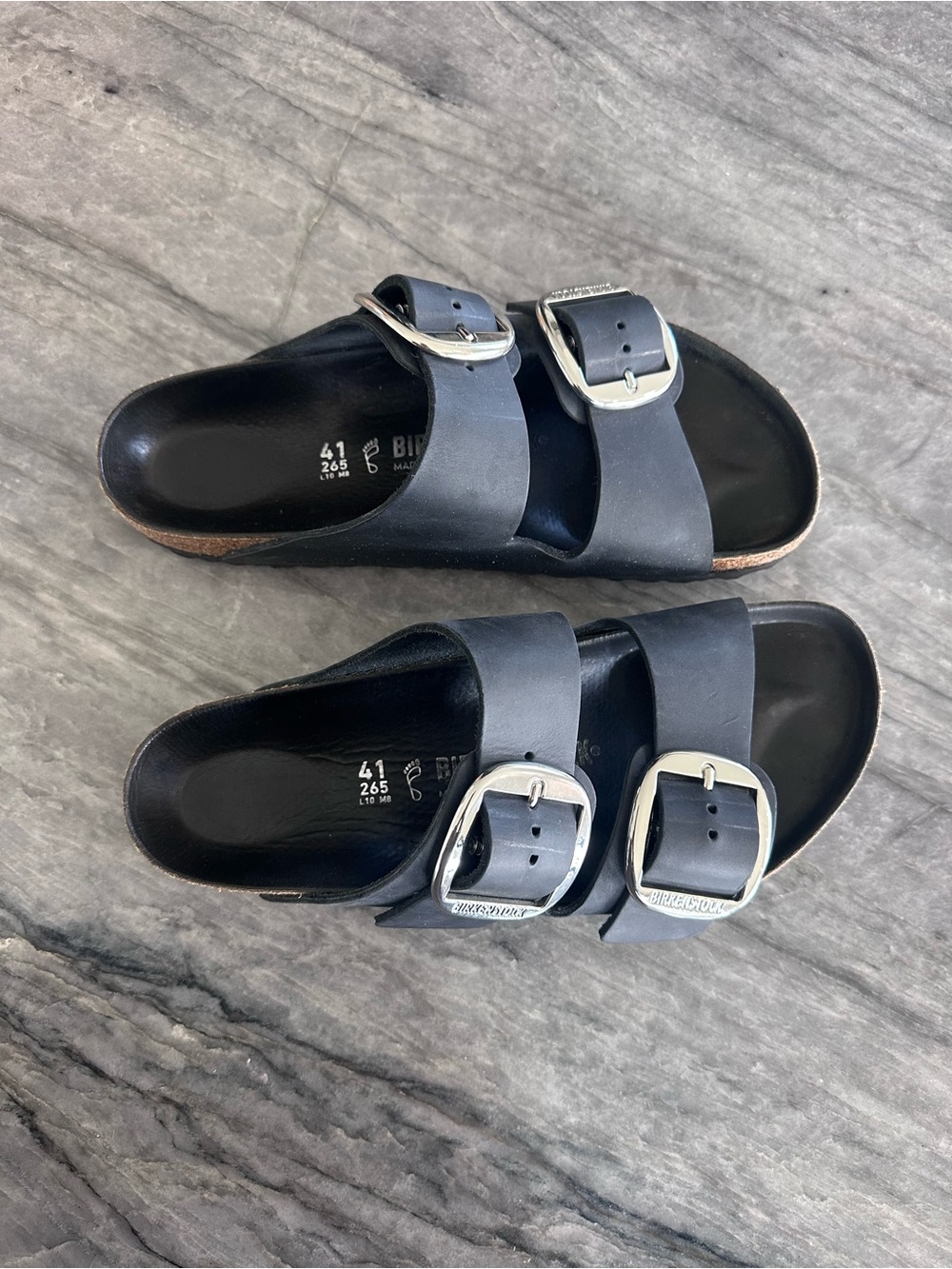 Birkenstock Women’s Arizona Black Two-Buckle Sandal with Silver Buckles size 41